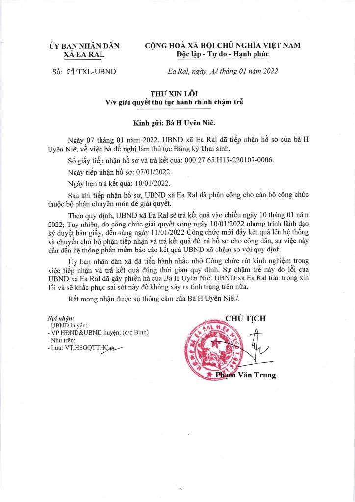 Thư xin lỗi vì giải quyết thủ tục hành chính trễ hạn của bà H Uyên Niê - Xã Ea Ral
